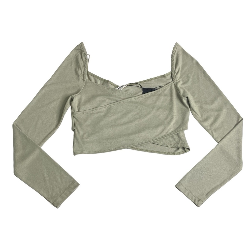 4th & Reckless Crop Top Womens Large Sage Green Wrap Front Long Sleeve Y2K